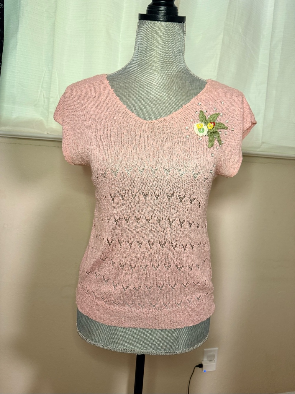Pink Knit Short Sleeve Top with Embroidered Floral Detail